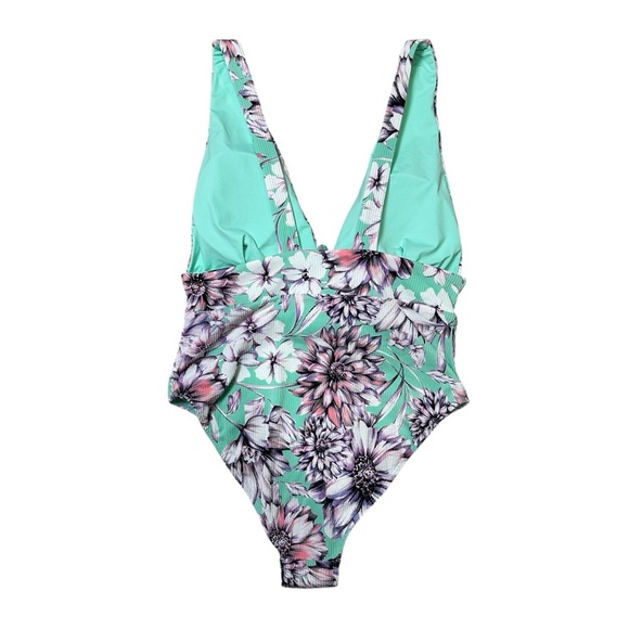 TiniBikini Swimwear XL Aqua Floral Print Deep V Neck One Piece - Picture 2 of 3